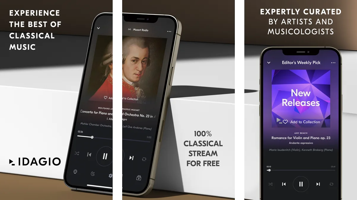Three IDAGIO iPhone screenshots showing browsing, the player, and curated discovery